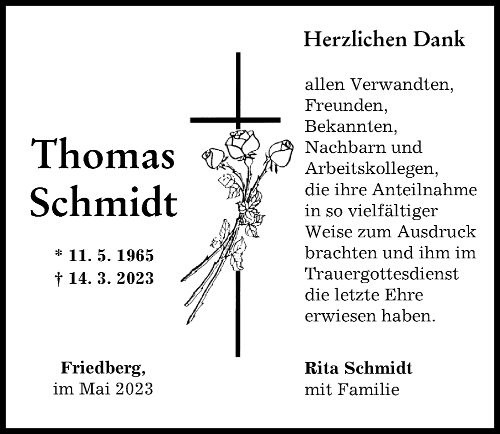  Traueranzeige für Thomas Schmidt vom 06.05.2023 aus Friedberger Allgemeine
