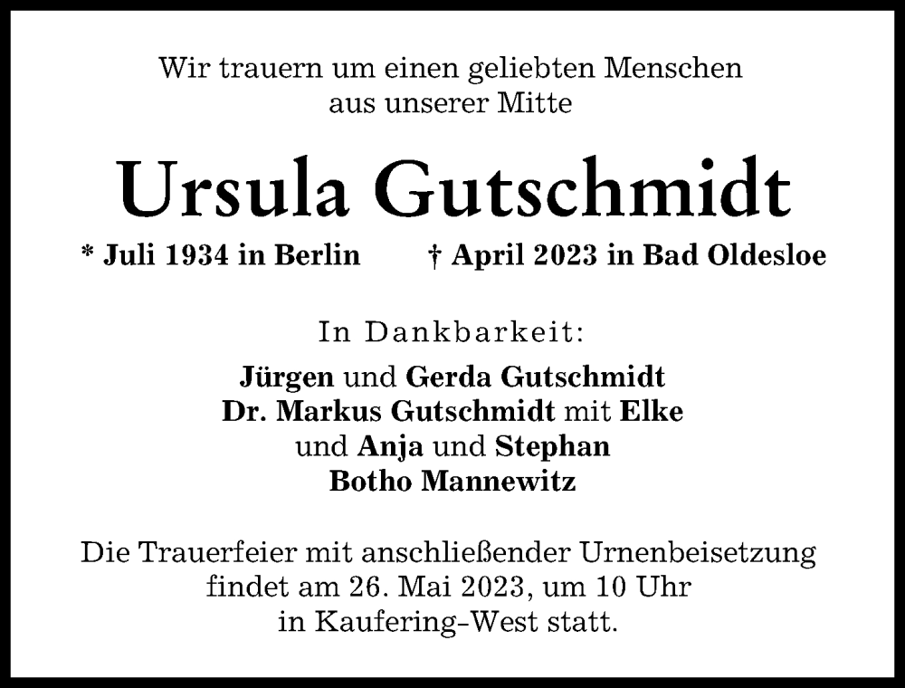  Traueranzeige für Ursula Gutschmidt vom 24.05.2023 aus Landsberger Tagblatt
