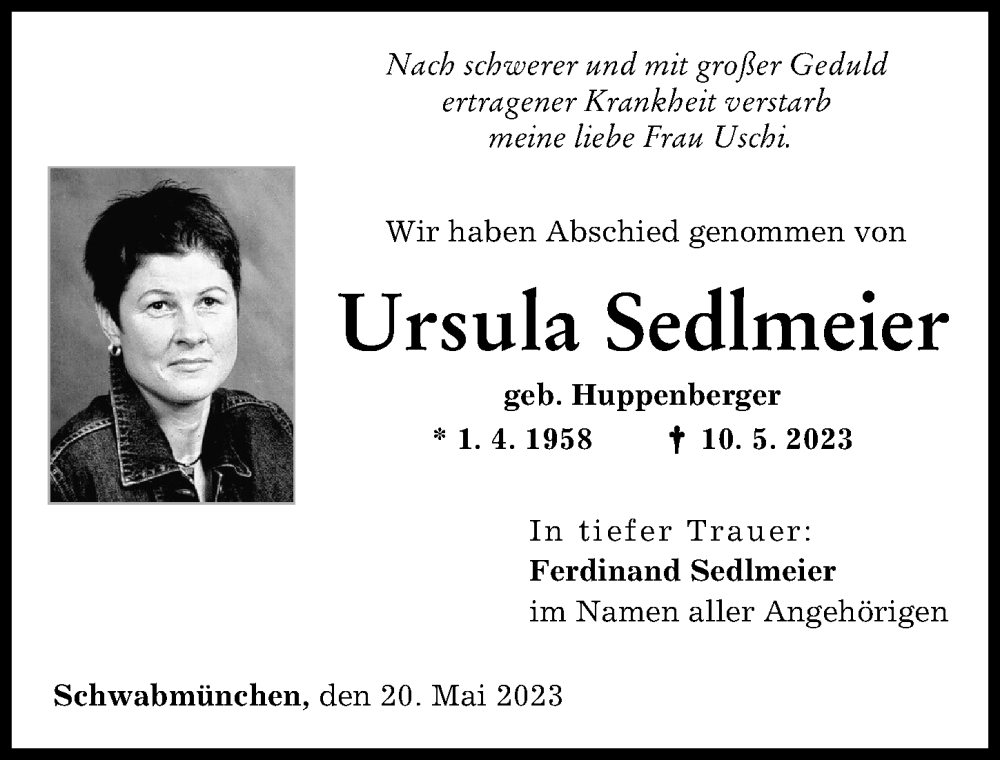 Traueranzeige von Ursula Sedlmeier von Schwabmünchner Allgemeine