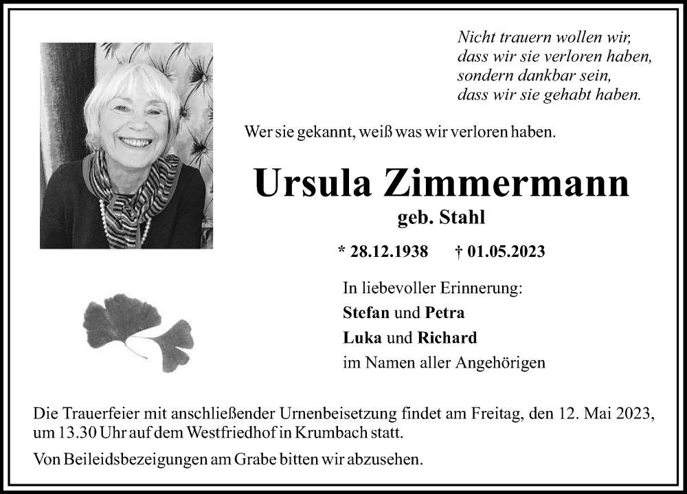 Traueranzeige von Ursula Zimmermann von Mittelschwäbische Nachrichten