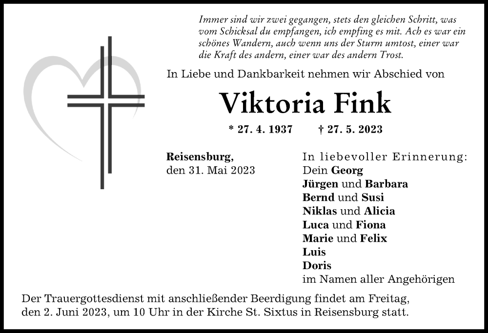  Traueranzeige für Viktoria Fink vom 31.05.2023 aus Günzburger Zeitung