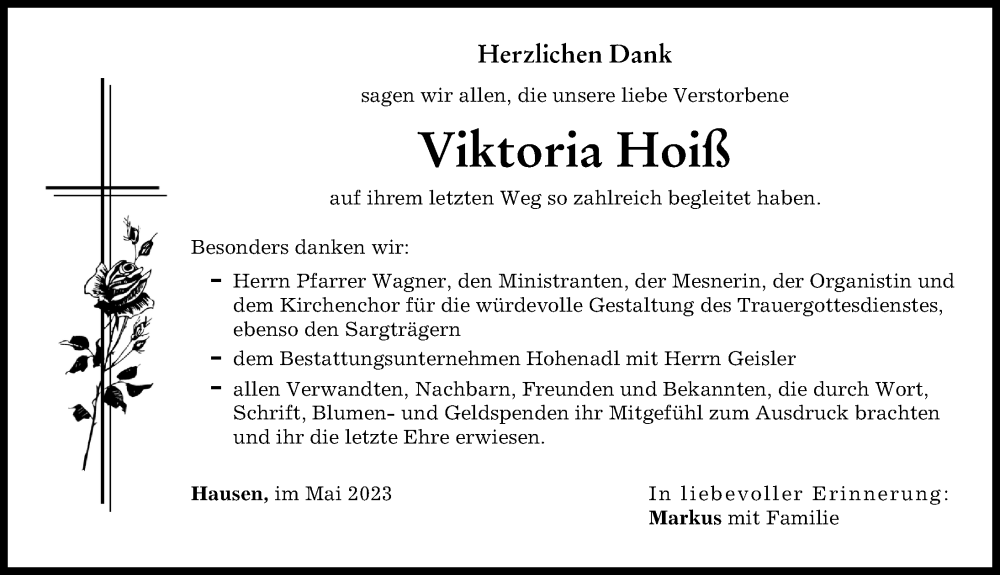  Traueranzeige für Viktoria Hoiß vom 06.05.2023 aus Landsberger Tagblatt