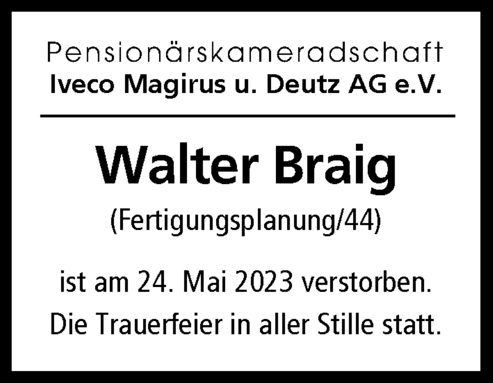 Traueranzeige für Walter Braig vom 30.05.2023 aus Illertisser Zeitung, Günzburger Zeitung, Neu-Ulmer Zeitung