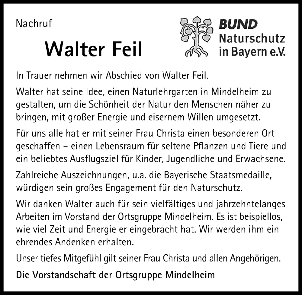  Traueranzeige für Walter Feil vom 13.05.2023 aus Mindelheimer Zeitung