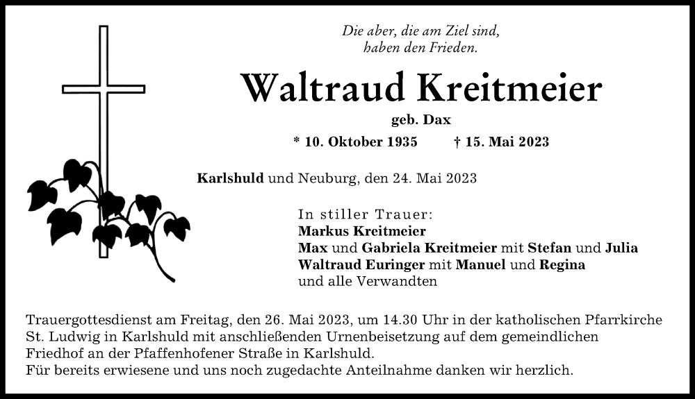  Traueranzeige für Waltraud Kreitmeier vom 24.05.2023 aus Neuburger Rundschau