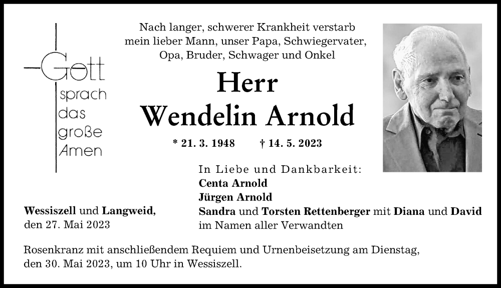  Traueranzeige für Wendelin Arnold vom 27.05.2023 aus Friedberger Allgemeine