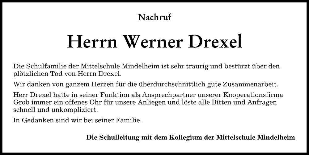  Traueranzeige für Werner Drexel vom 19.05.2023 aus Mindelheimer Zeitung