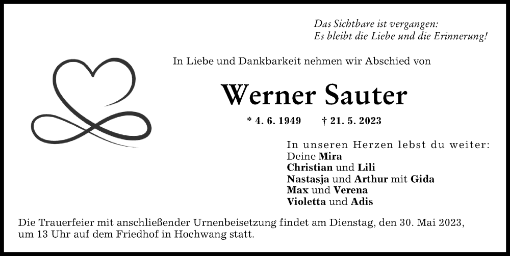  Traueranzeige für Werner Sauter vom 27.05.2023 aus Günzburger Zeitung