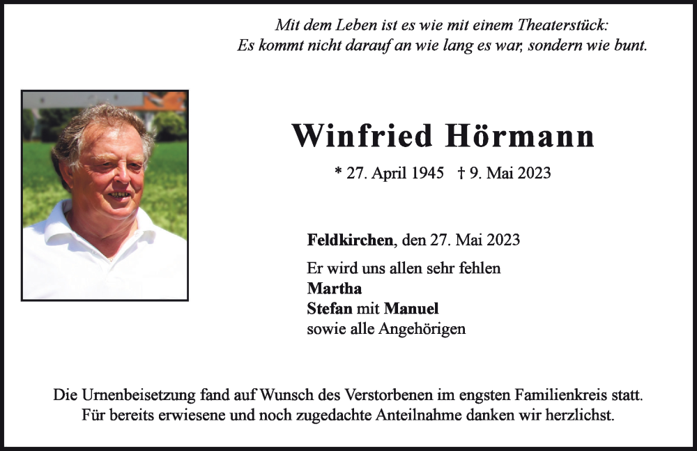  Traueranzeige für Winfried Hörmann vom 27.05.2023 aus Neuburger Rundschau
