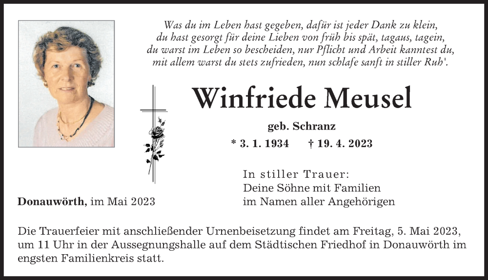 Traueranzeige von Winfriede Meusel von Donauwörther Zeitung