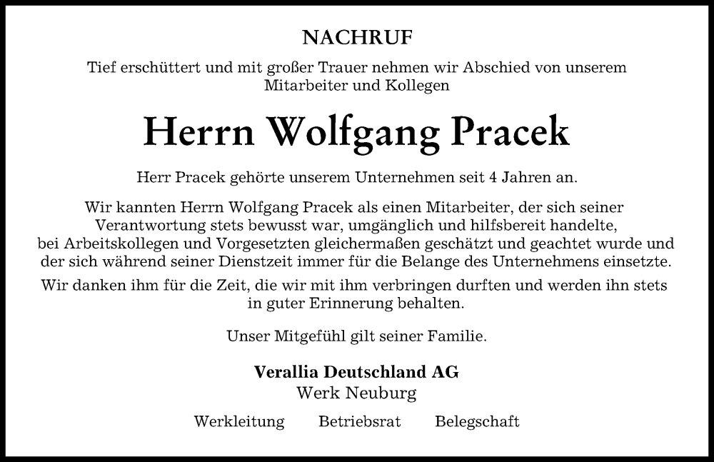  Traueranzeige für Wolfgang Pracek vom 27.05.2023 aus Neuburger Rundschau