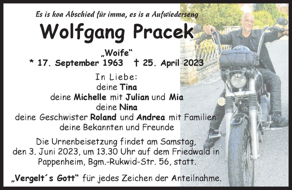  Traueranzeige für Wolfgang Pracek vom 27.05.2023 aus Neuburger Rundschau