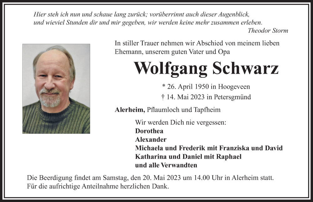 Traueranzeige von Wolfgang Schwarz von Rieser Nachrichten