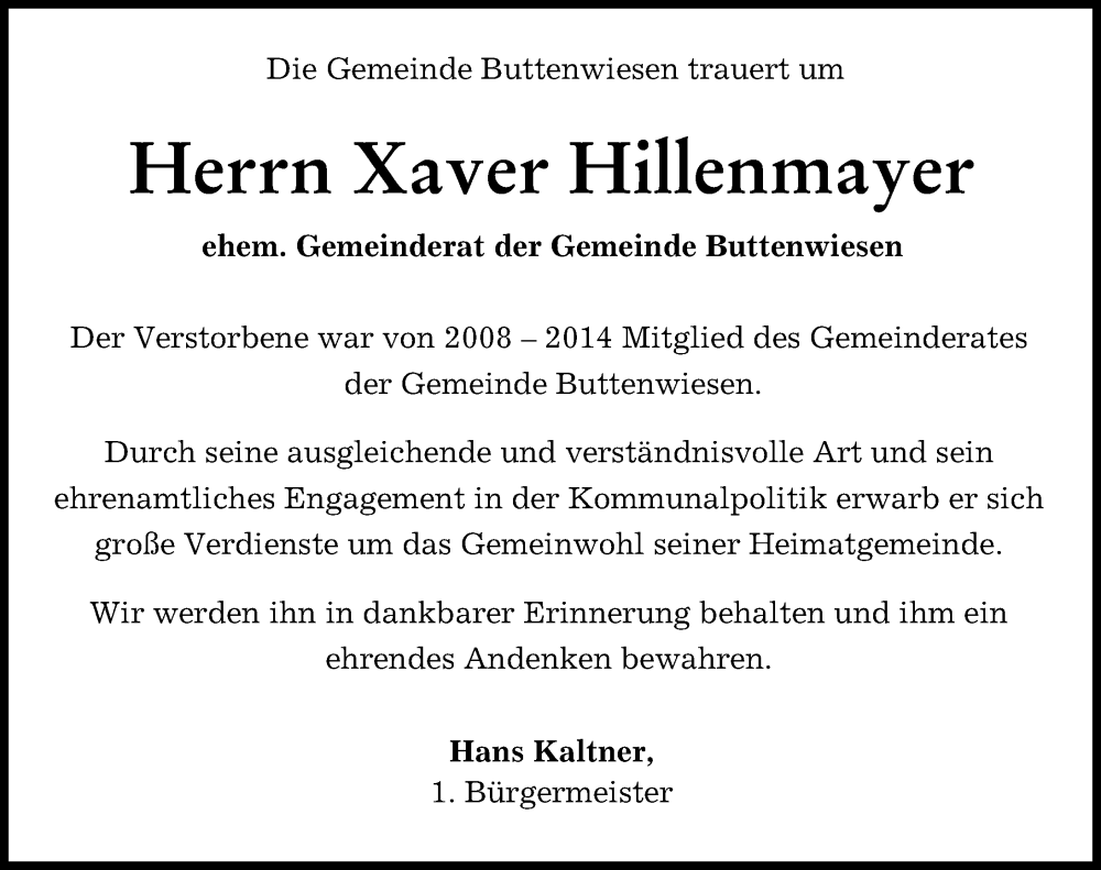 Traueranzeige von Xaver Hillenmayer von Wertinger Zeitung