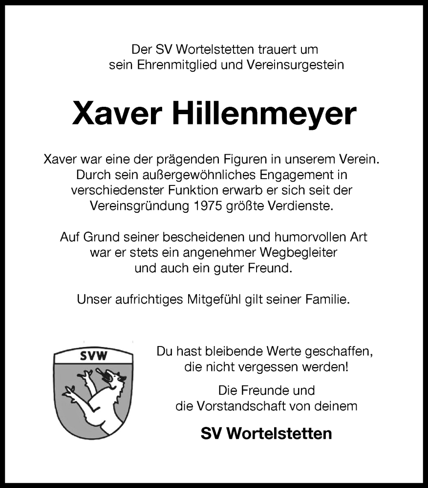  Traueranzeige für Xaver Hillenmeyer vom 27.05.2023 aus Wertinger Zeitung