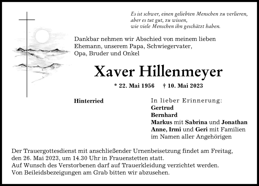  Traueranzeige für Xaver Hillenmeyer vom 23.05.2023 aus Wertinger Zeitung