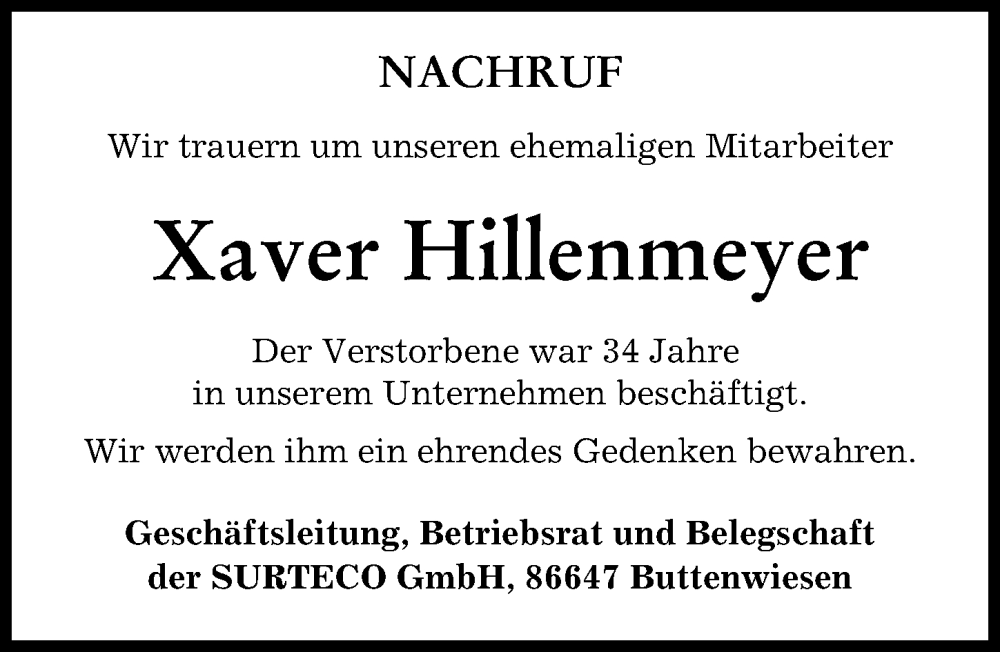  Traueranzeige für Xaver Hillenmeyer vom 26.05.2023 aus Wertinger Zeitung