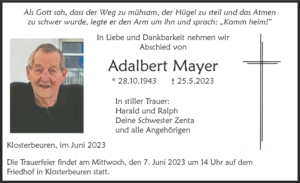 Traueranzeige von Adalbert Mayer von Illertisser Zeitung