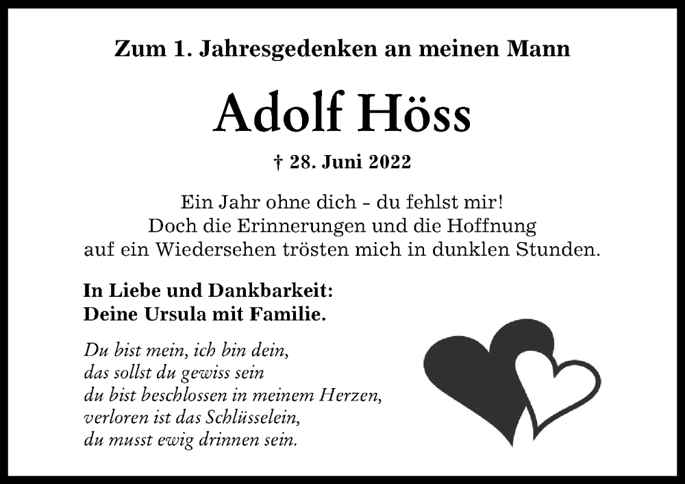 Traueranzeige von Adolf Höss von Augsburger Allgemeine