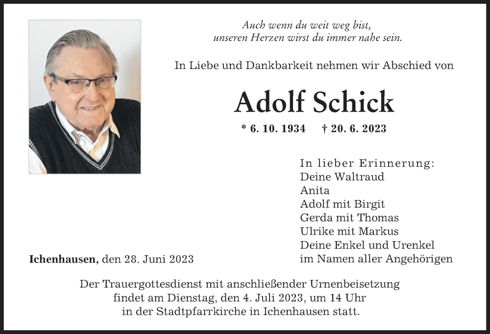 Traueranzeige von Adolf Schick von Günzburger Zeitung