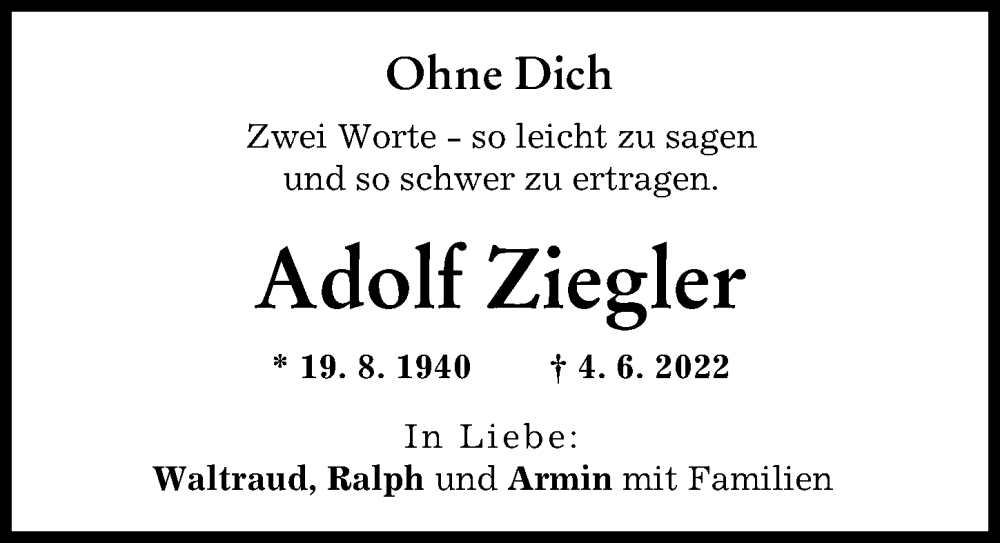 Traueranzeige von Adolf Ziegler von Augsburger Allgemeine