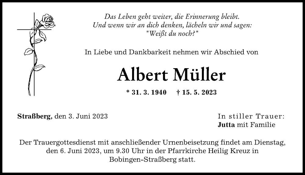 Traueranzeige von Albert Müller von Schwabmünchner Allgemeine