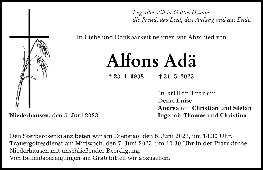 Traueranzeige von Alfons Adä von Neu-Ulmer Zeitung