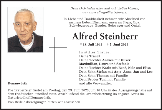 Traueranzeigen von Alfred Steinherr | Augsburger Allgemeine Zeitung