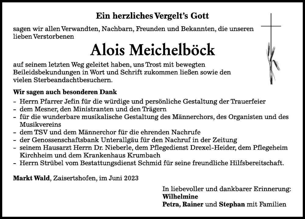  Traueranzeige für Alois Meichelböck vom 10.06.2023 aus Mindelheimer Zeitung