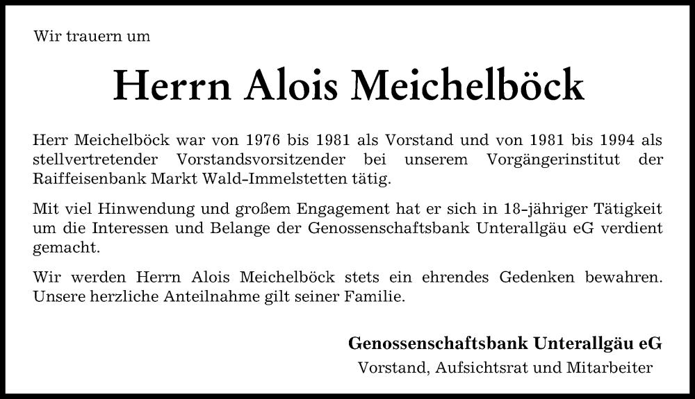  Traueranzeige für Alois Meichelböck vom 05.06.2023 aus Mindelheimer Zeitung