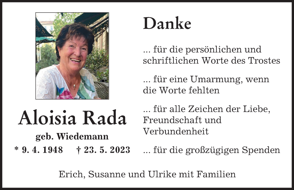  Traueranzeige für Aloisia Rada vom 10.06.2023 aus Augsburger Allgemeine