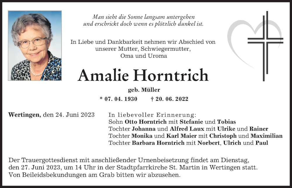 Traueranzeige von Amalie Horntrich von Wertinger Zeitung