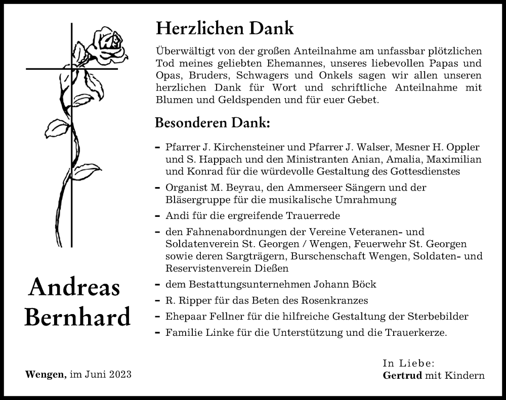 Traueranzeige von Andreas Bernhard von Ammersee Kurier, Landsberger Tagblatt