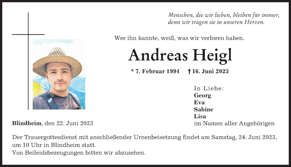  Traueranzeige für Andreas Heigl vom 22.06.2023 aus Donau Zeitung