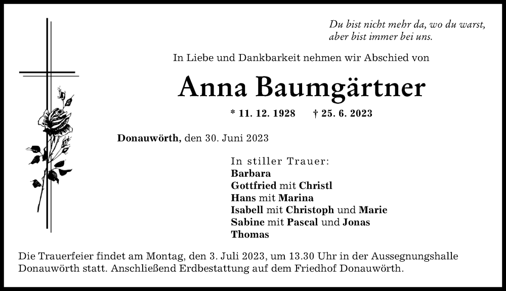 Traueranzeige von Anna Baumgärtner von Donauwörther Zeitung