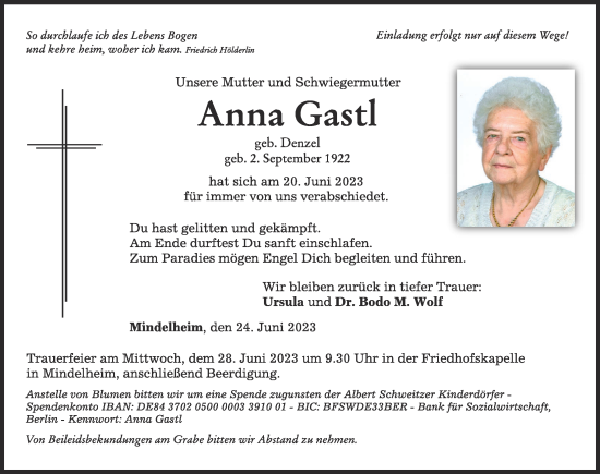 Traueranzeigen von Anna Gastl | Augsburger Allgemeine Zeitung