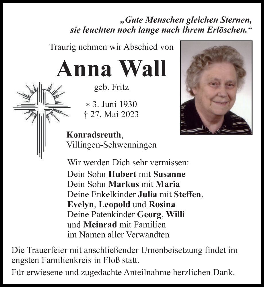 Traueranzeige von Anna Wall von Neu-Ulmer Zeitung