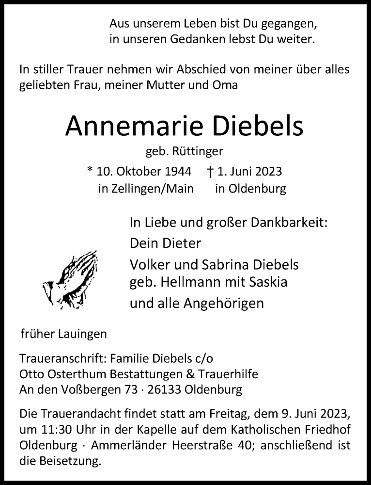 Traueranzeige von Annemarie Diebels von Donau Zeitung