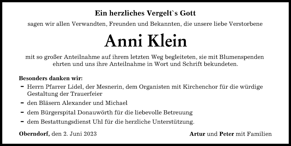  Traueranzeige für Anni Klein vom 02.06.2023 aus Donauwörther Zeitung