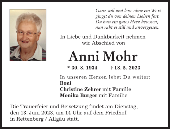 Traueranzeige von Anni Mohr von Günzburger Zeitung