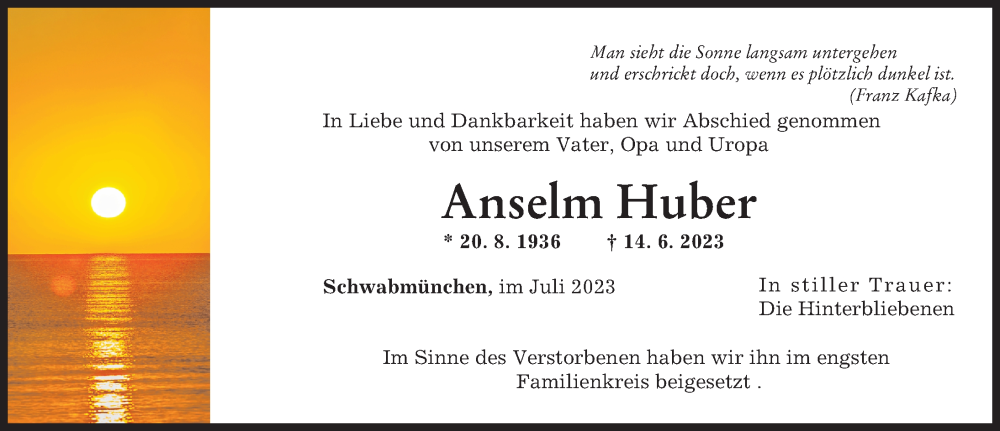 Traueranzeige von Anselm Huber von Schwabmünchner Allgemeine