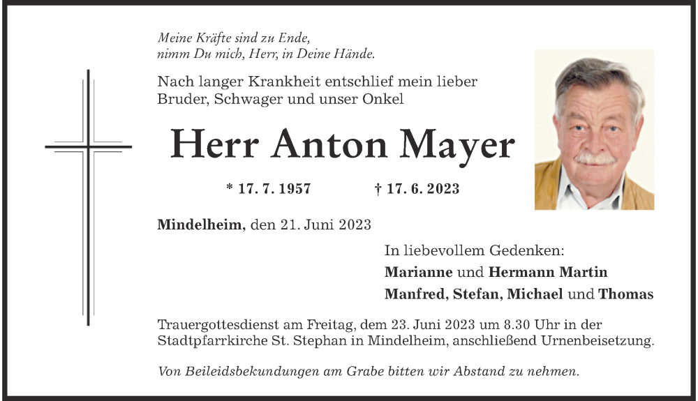  Traueranzeige für Anton Mayer vom 21.06.2023 aus Mindelheimer Zeitung