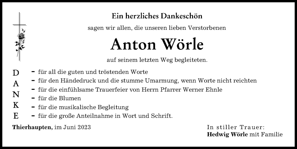  Traueranzeige für Anton Wörle vom 03.06.2023 aus Augsburg-Land