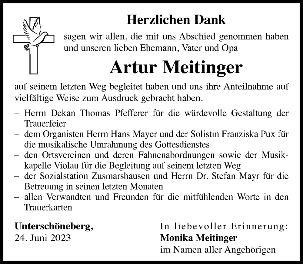  Traueranzeige für Artur Meitinger vom 24.06.2023 aus Augsburg-Land