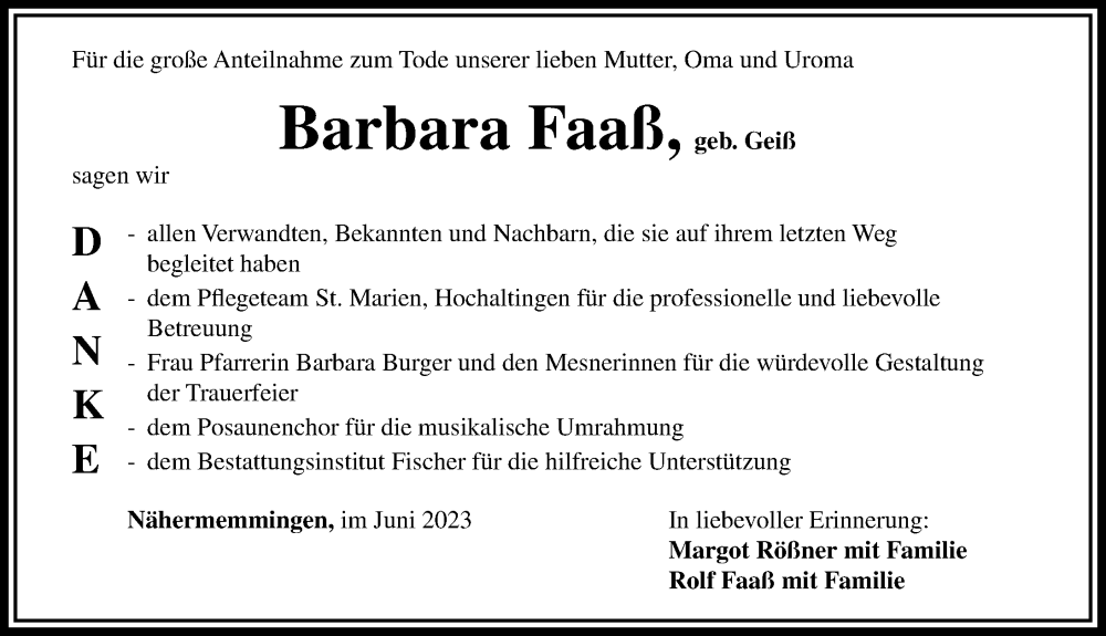  Traueranzeige für Barbara Faaß vom 17.06.2023 aus Rieser Nachrichten