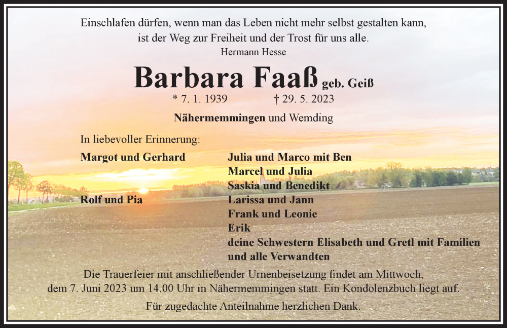  Traueranzeige für Barbara Faaß vom 03.06.2023 aus Rieser Nachrichten