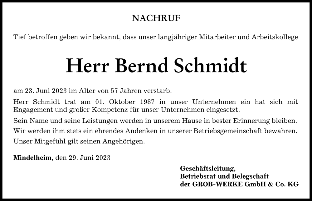  Traueranzeige für Bernd Schmidt vom 29.06.2023 aus Mindelheimer Zeitung
