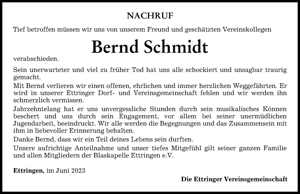 Traueranzeige von Bernd Schmidt von Mindelheimer Zeitung