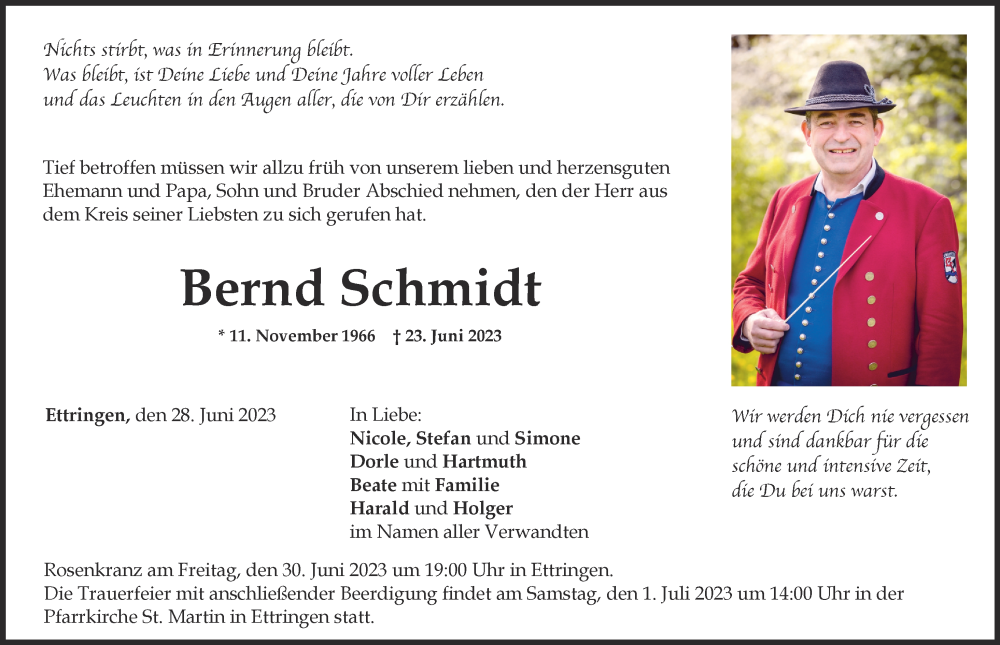  Traueranzeige für Bernd Schmidt vom 28.06.2023 aus Mindelheimer Zeitung