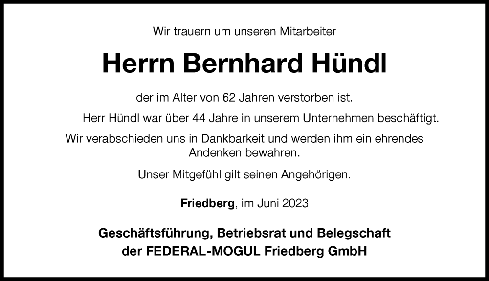  Traueranzeige für Bernhard Hündl vom 06.06.2023 aus Friedberger Allgemeine